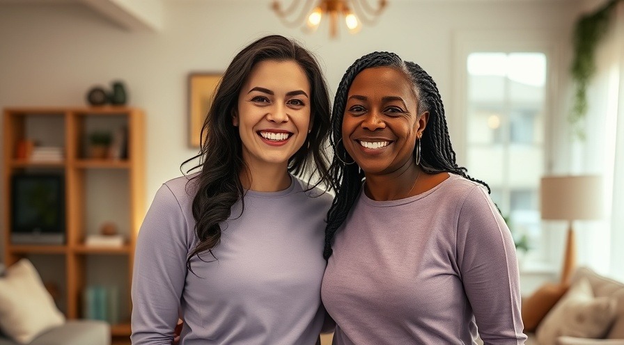 Two women smiling together, promoting women's heart health awareness.