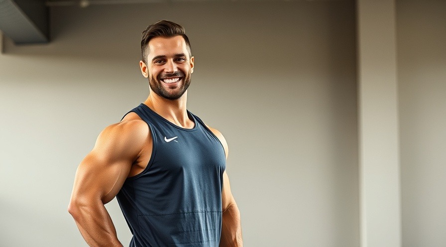 Energetic male trainer promoting chair fitness for senior citizen exercises in a gym.