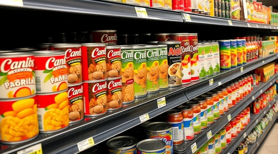 Variety of canned foods displayed in a grocery market aisle.