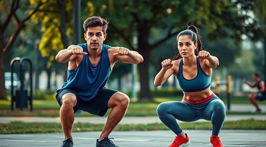 Dynamic young couple performing bodyweight squats in a city park, focused and lifelike.