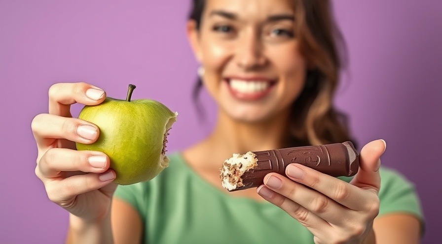 Woman holding a green apple and balancing a candy bar, promoting healthy choices for blood sugar levels.