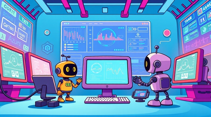 Playful cartoon of AI models training in Azure with cheerful robots and vibrant screens.