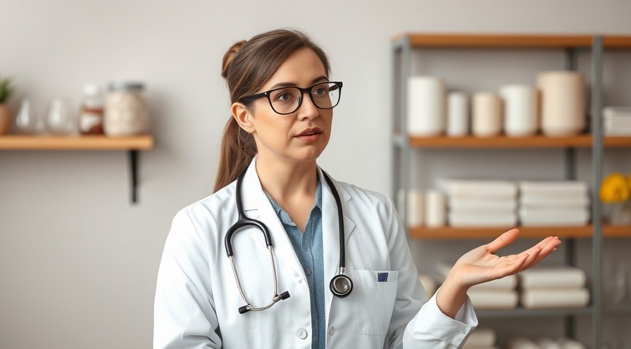 Female doctor in lab coat discussing sugar addiction awareness.