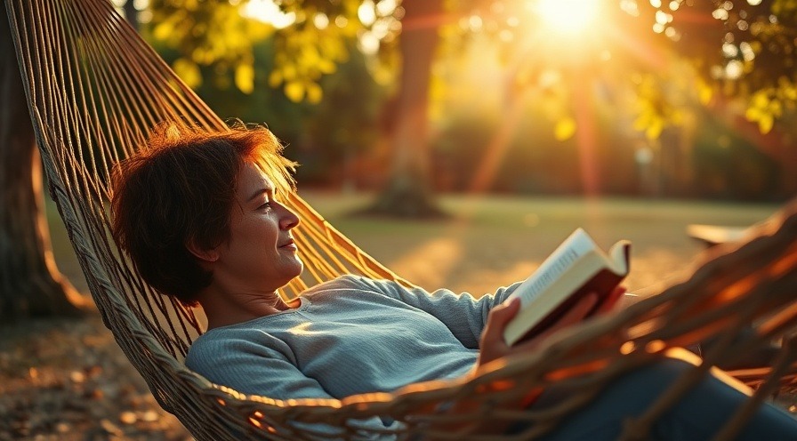 Person in hammock reading a book, bathed in warm evening light.