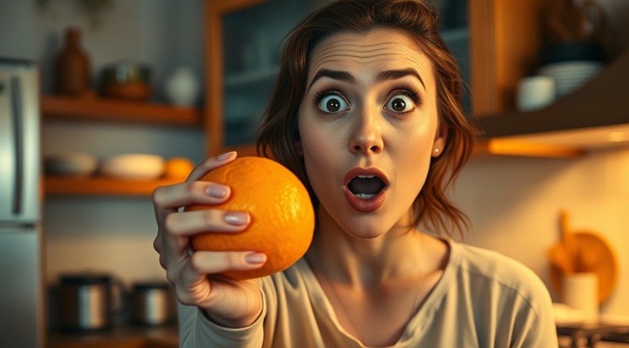 Surprised woman with an orange, foods with possible parasites