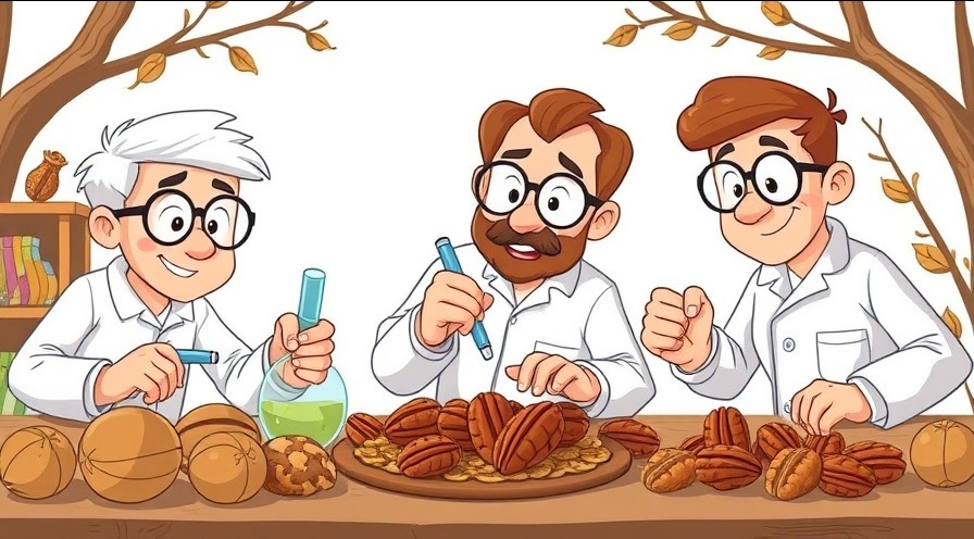Three expert cartoon scientists examining walnuts and pecans for research.