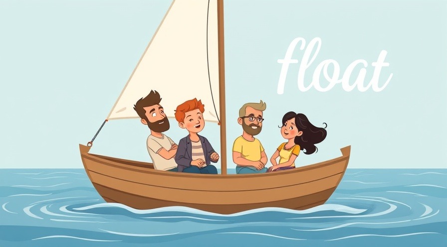 Diverse adults sailing on water in a cartoon-style sailboat with 'float' text.