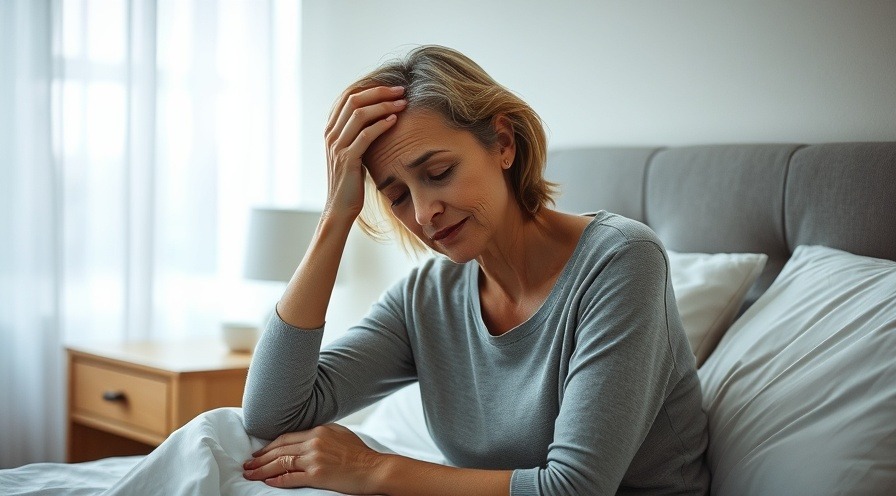 Fatigued woman shows symptoms of colon cancer in women, seated in a calming bedroom.