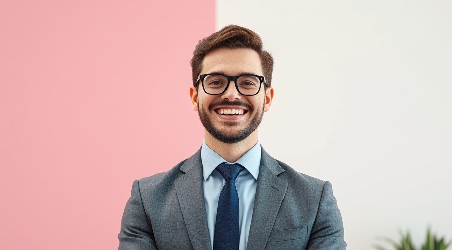 Cheerful professional man promoting a holistic fertility approach in a calming, pastel setting.