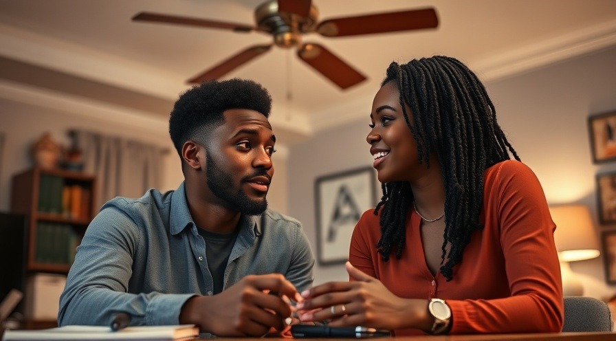 Young black couple discussing holistic fertility strategies in a warm home office.