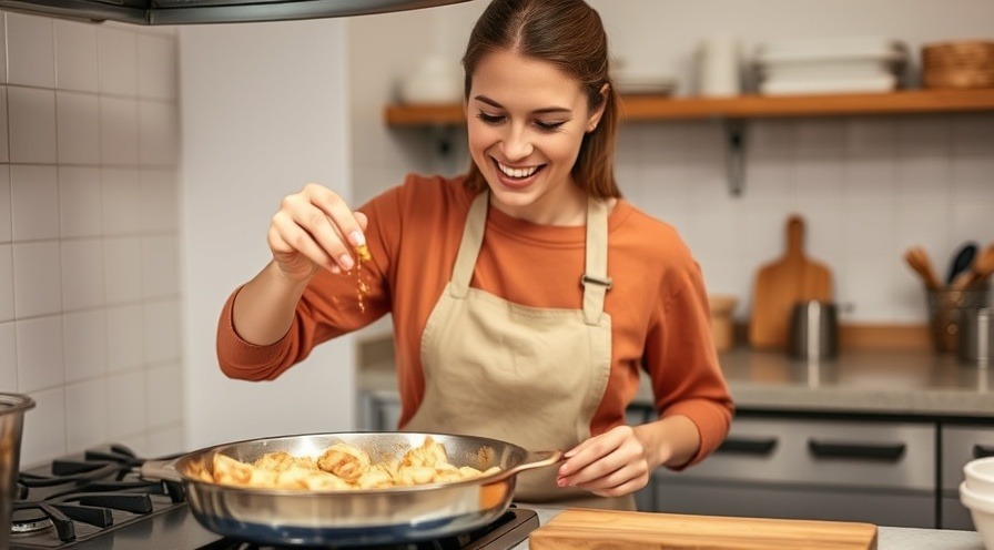 Smiling woman making seasoned chicken bites in a cozy kitchen.