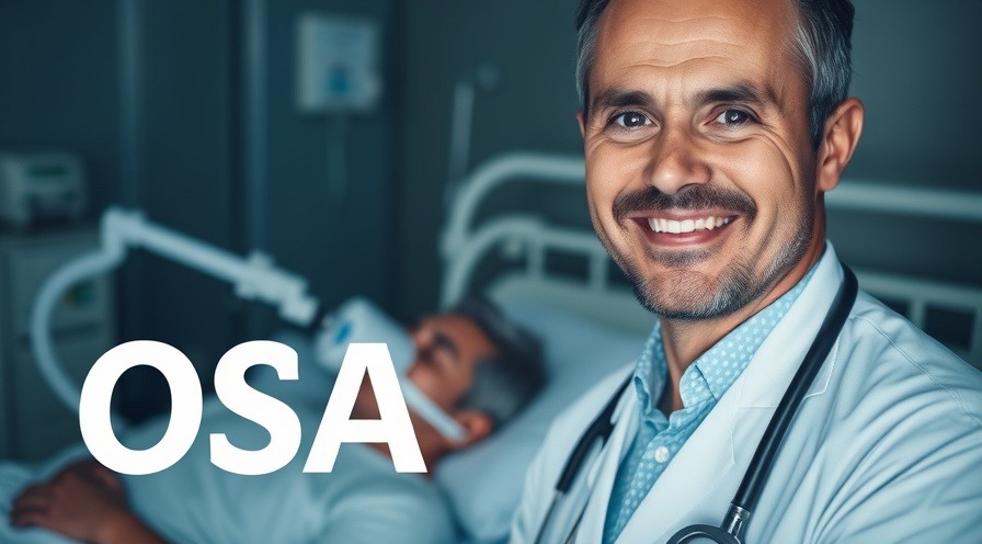 Smiling doctor aids obstructive sleep apnea treatment with CPAP in dimly lit room.