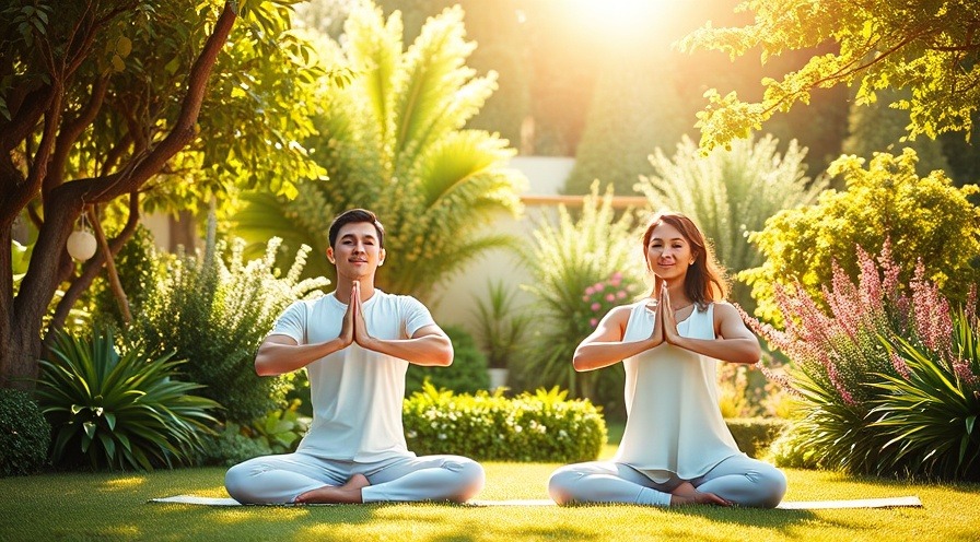 Couple practicing yoga in a sunlit garden, serene atmosphere and lush greenery.