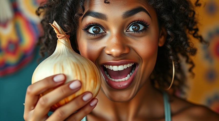 Woman amazed by onion benefits for hair, showcasing natural hair growth.