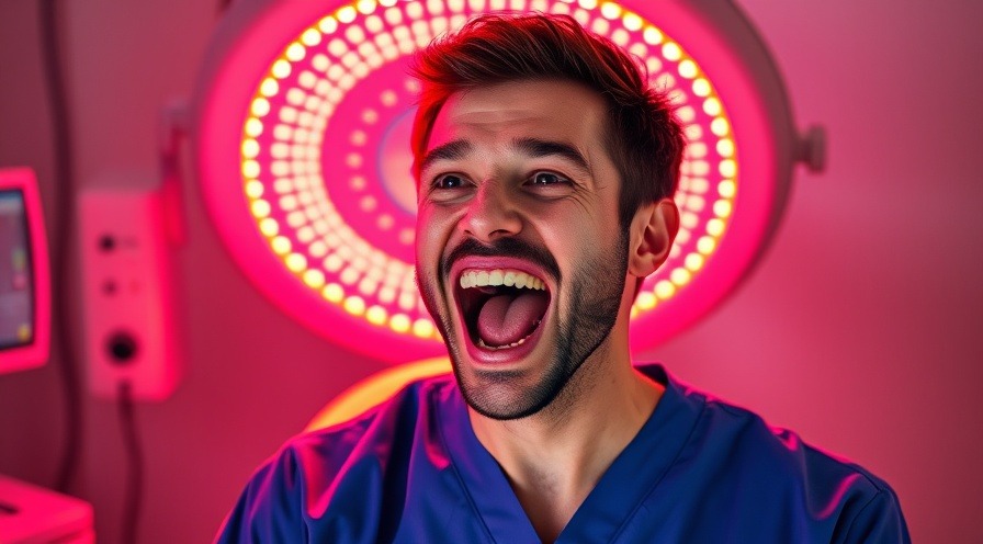 Excited man in blue scrubs using red light therapy for vision improvement.