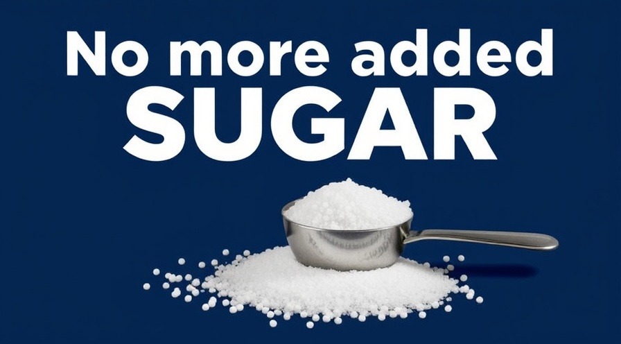 No More Added Sugar displayed on dark blue background with sugar cup
