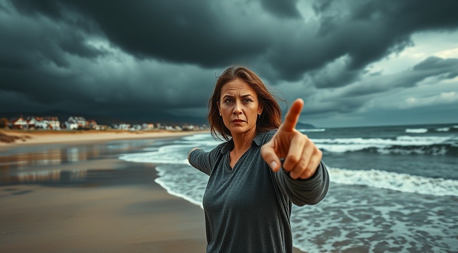 Concerned woman on beach indicating hurricane safety amid Wilmington weather and storm resources.