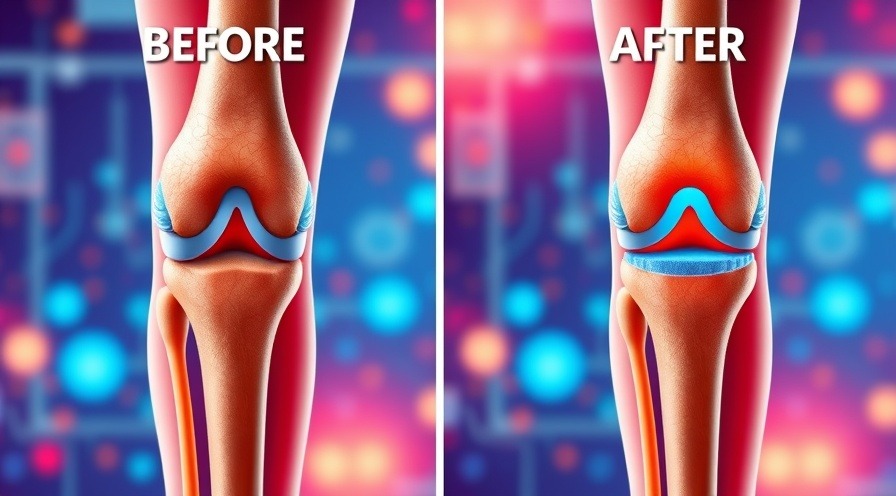 Illustration of knee joint comparison, showing before and after cartilage replacement surgery.