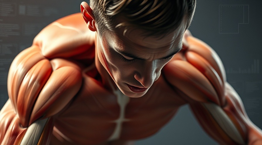 Highly detailed male anatomical illustration of muscle fibers contracting during pushup exercise.