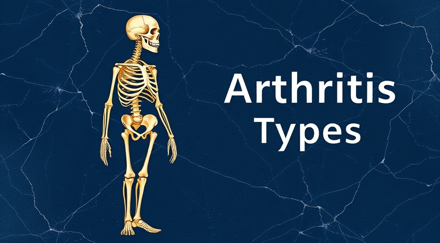 Medical illustration of a skeleton with 'Arthritis Types' on a dark marble blue background.