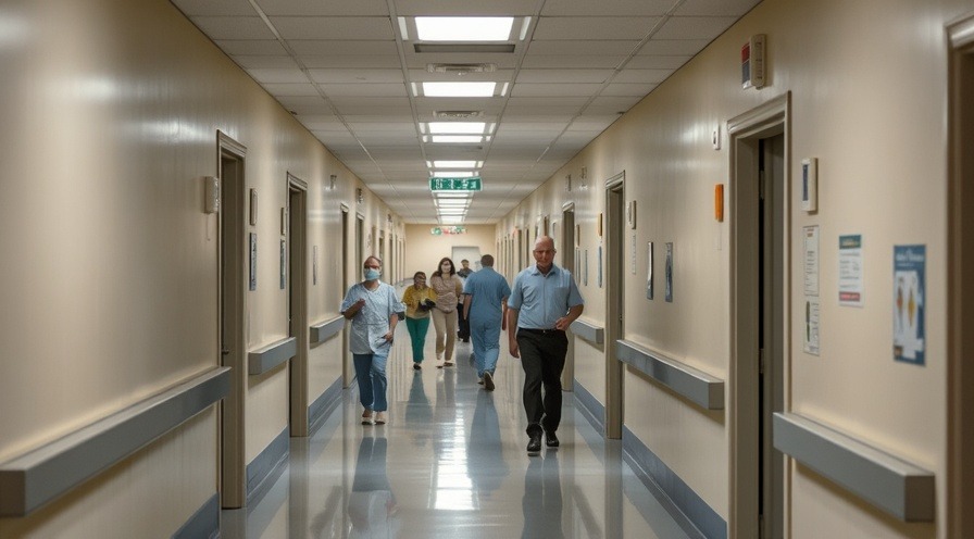 A hospital hallway with patients and staff moving about.