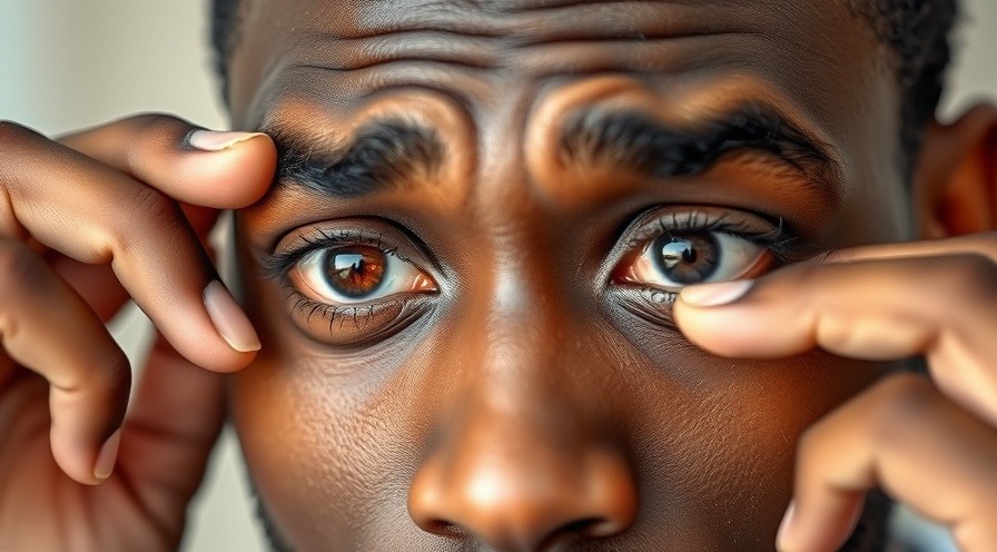 Close-up of a man showing symptoms of pink eye and allergic conjunctivitis indoors.