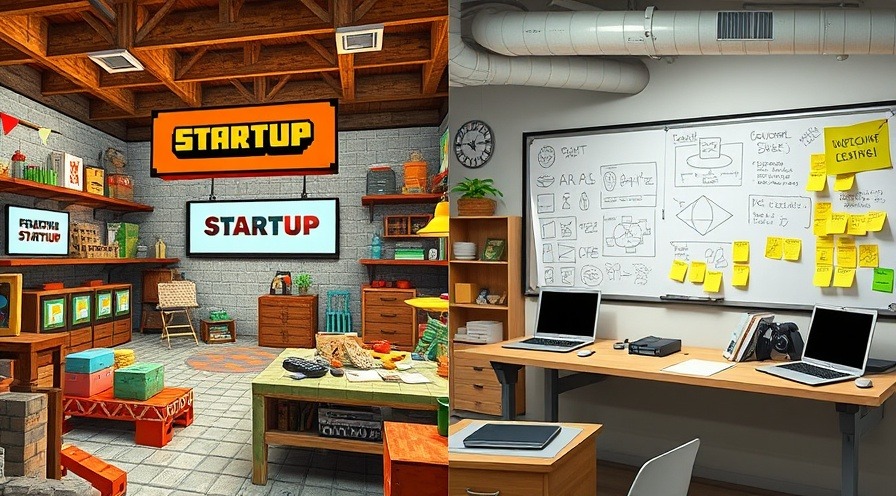 A vibrant Minecraft workshop and design studio as a metaphor for play-to-entrepreneurship.