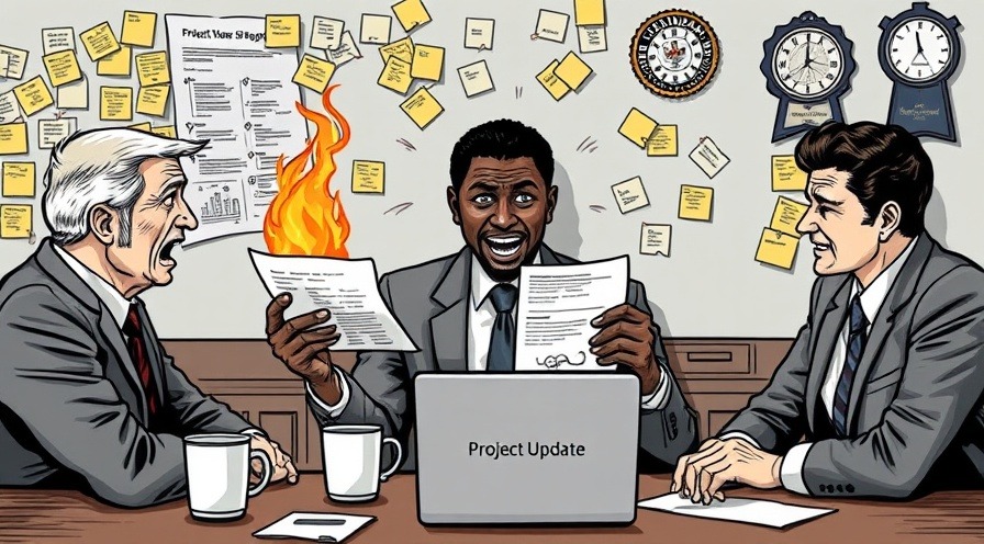 Overwhelmed project manager balancing chaos with humor in a corporate setting.
