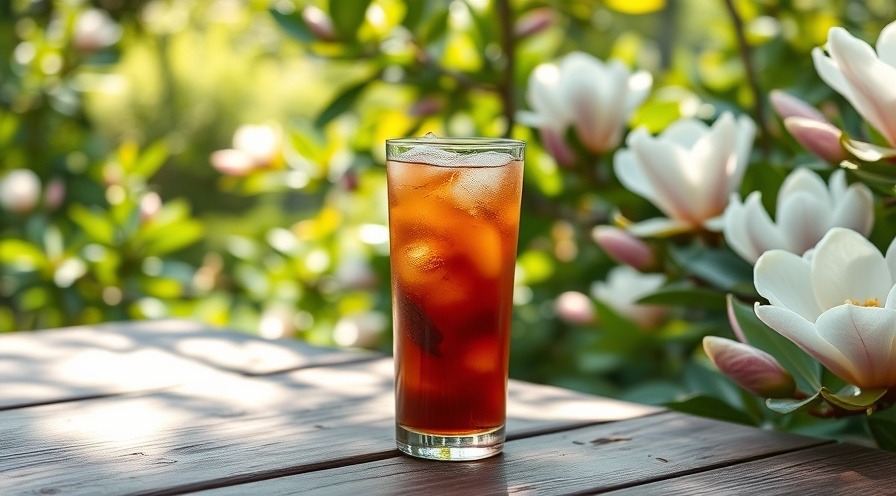 Refreshing iced sweet tea on rustic table with blooming magnolias in soft sunlight.