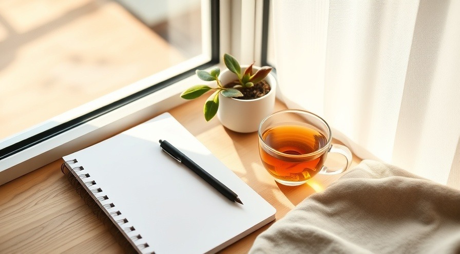 Peaceful flat lay of notebook, herbal tea, and plant for affordable self-care.