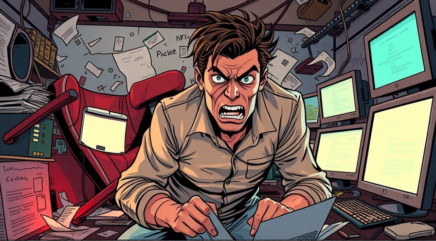 Frustrated hacker in chaotic office, glowing screens, dramatic comic book style.