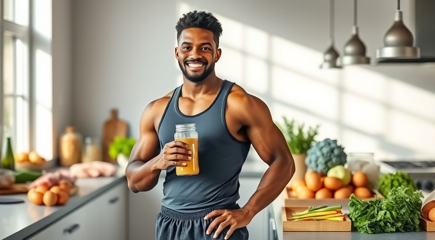 Confident man with protein shake in a bright, modern kitchen showcasing healthy nutrition.