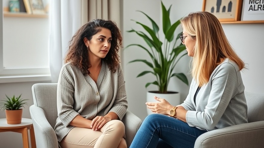 A woman discussing stress with her female therapist in a cozy office