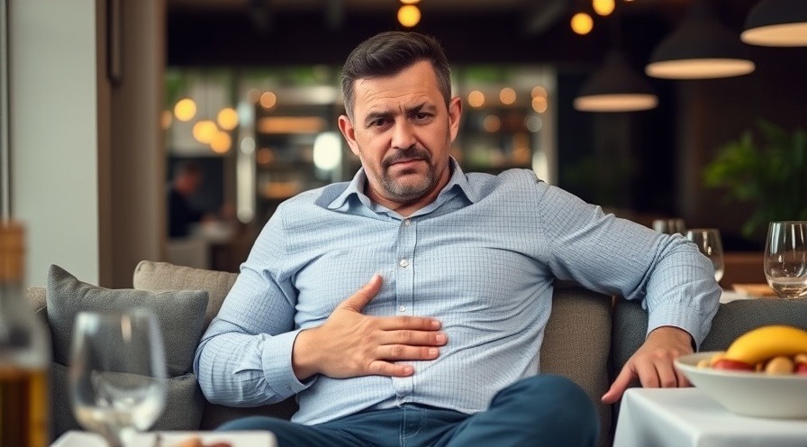 Satisfied man touching his stomach after dining, reflecting indulgence.