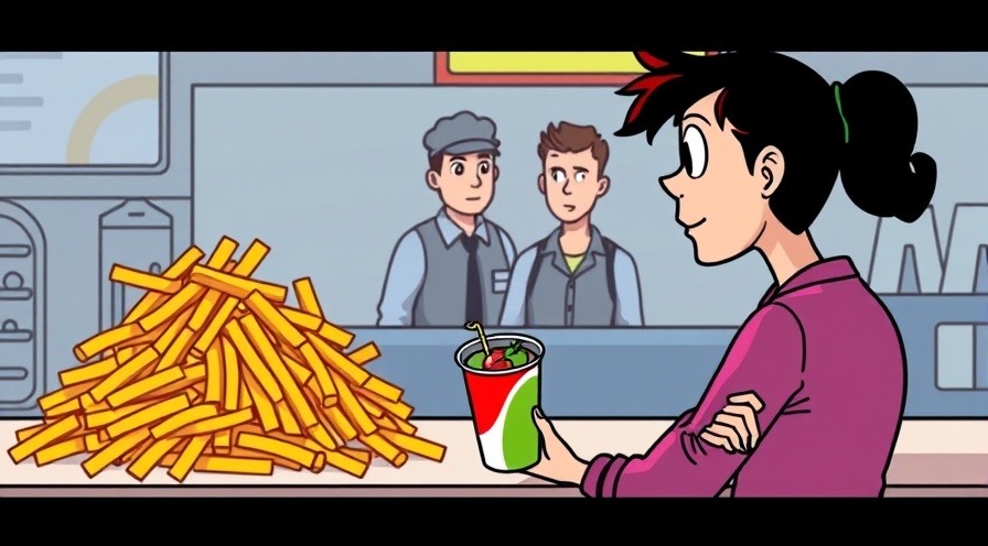 Humorous illustration of a person choosing fruit cup over fries at fast food.