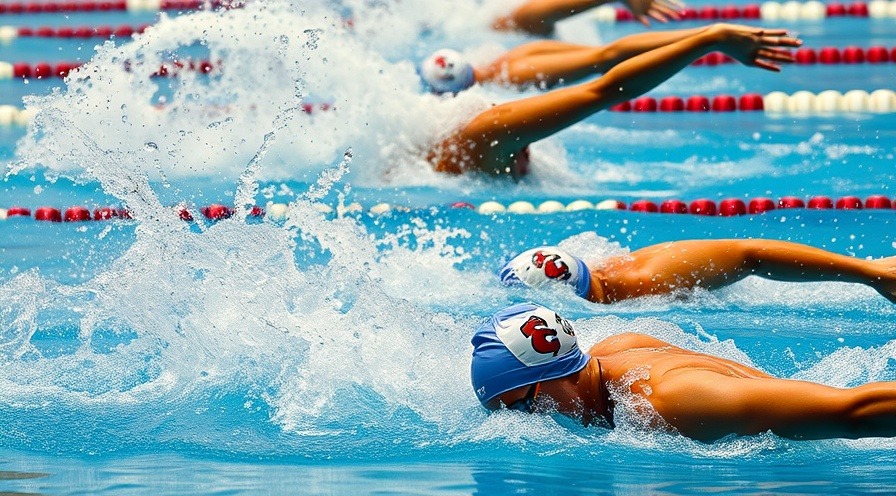 Davidson College swimmers in vibrant impressionist style, splashing water with energy.