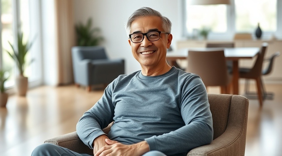 Senior citizen exercises: Smiling man in chair, ready for chair fitness.