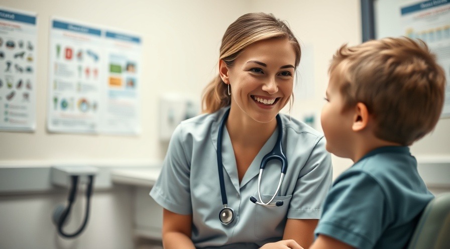 Caring female nurse smiles at a young boy, highlighting nursing transformation in patient care.
