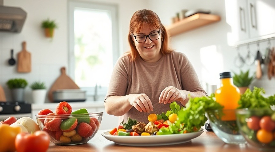 Bright kitchen with a smiling person preparing a colorful, healthy meal.