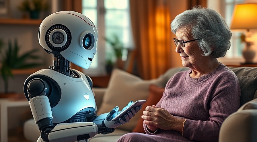 Robot explaining technology to an elderly woman in a cozy, warm living room.