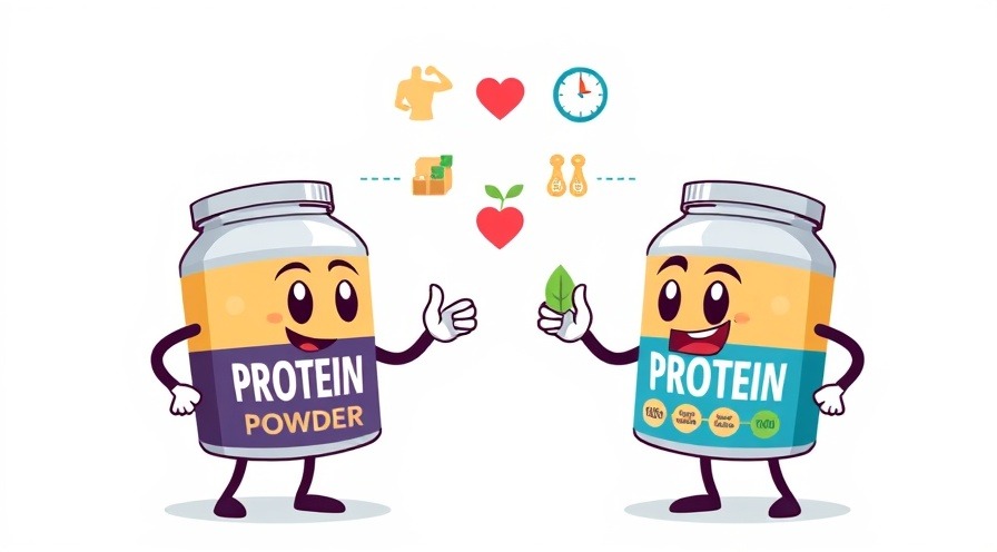 Cartoon protein powder containers in friendly competition, showcasing benefits like muscle and sustainability.