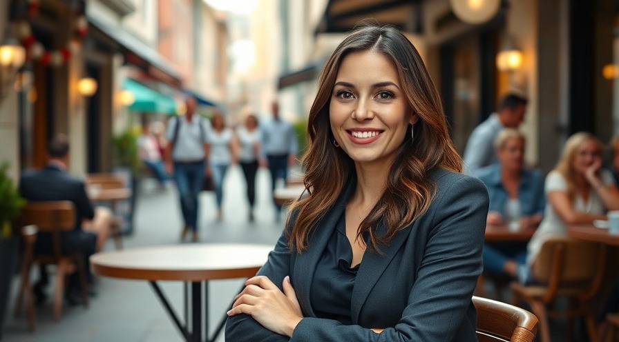 Confident woman enjoying community-focused travel at a vibrant Raleigh cafe.