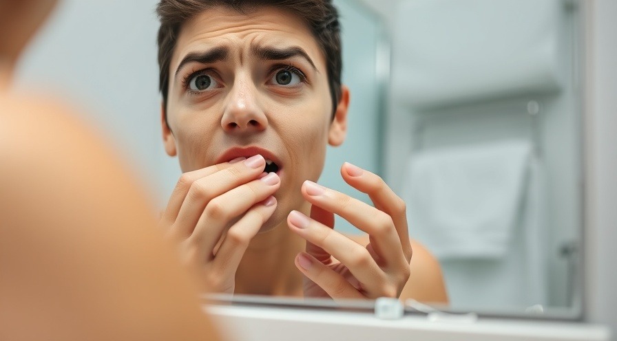 Concerned person examining slightly red gums in bathroom mirror, focusing on dental health.