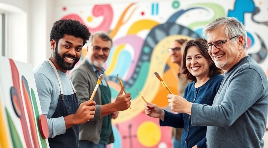 Diverse stroke survivors collaborating on a colorful mural in a bright art studio.