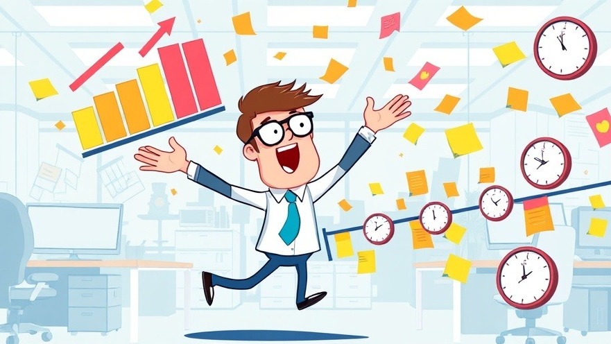 A project manager juggling Gantt charts and clocks in a colorful office.