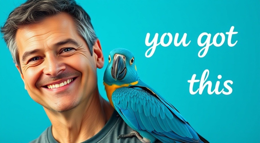 Cheerful man with a blue parrot, symbolizing accessible support in mental health resources.