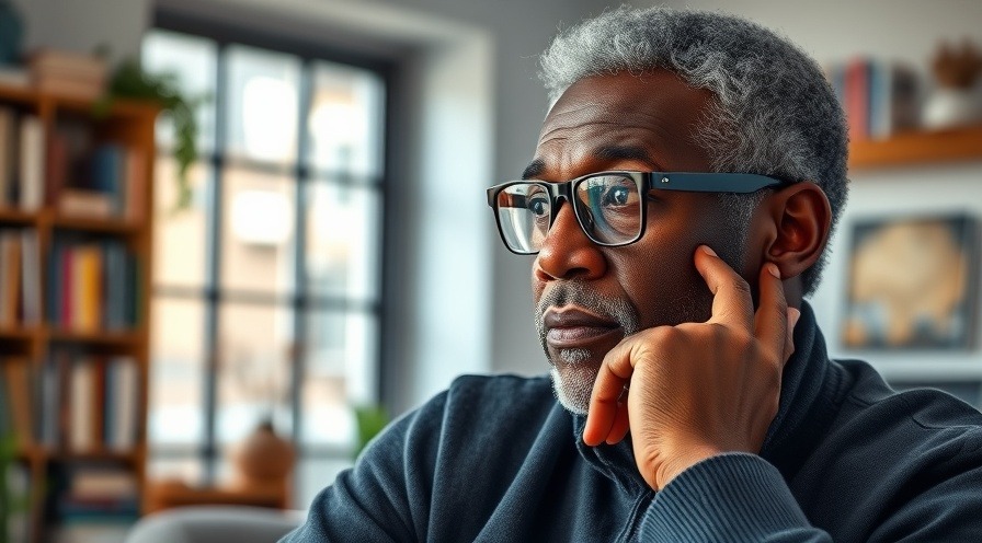 Thoughtful older man in a modern home, reflecting on how food choices affect aging.