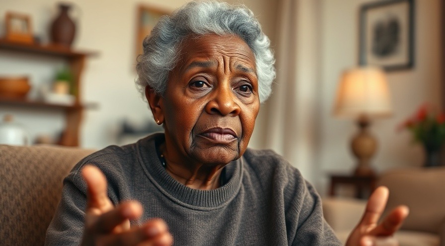 Elderly black woman discussing leg strength and mobility issues in a warm home.