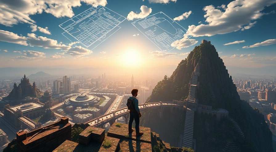Player on mountaintop in Minecraft overlooking intricate 3D city with real-world skyline.