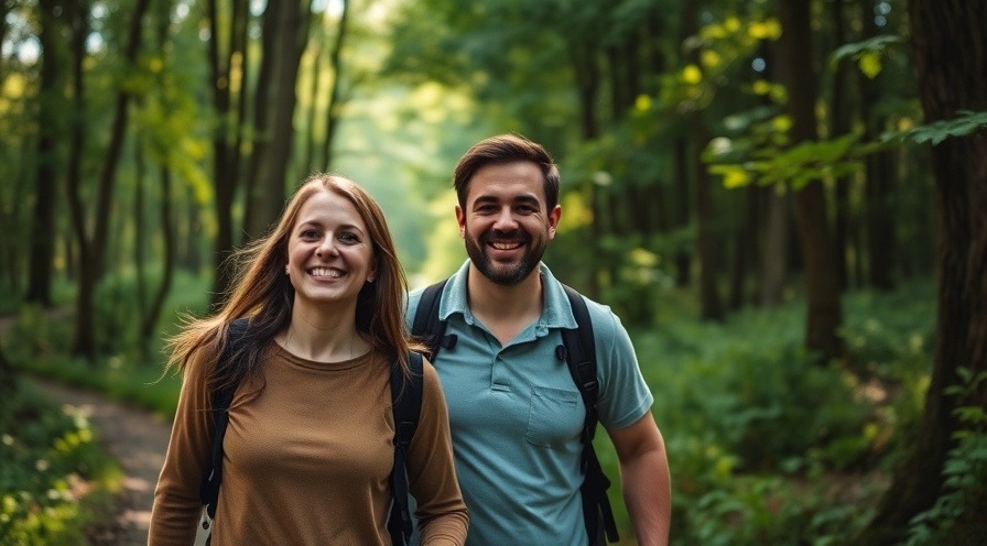 Couple enjoying recreational activities in Morganton, walking a forest trail.